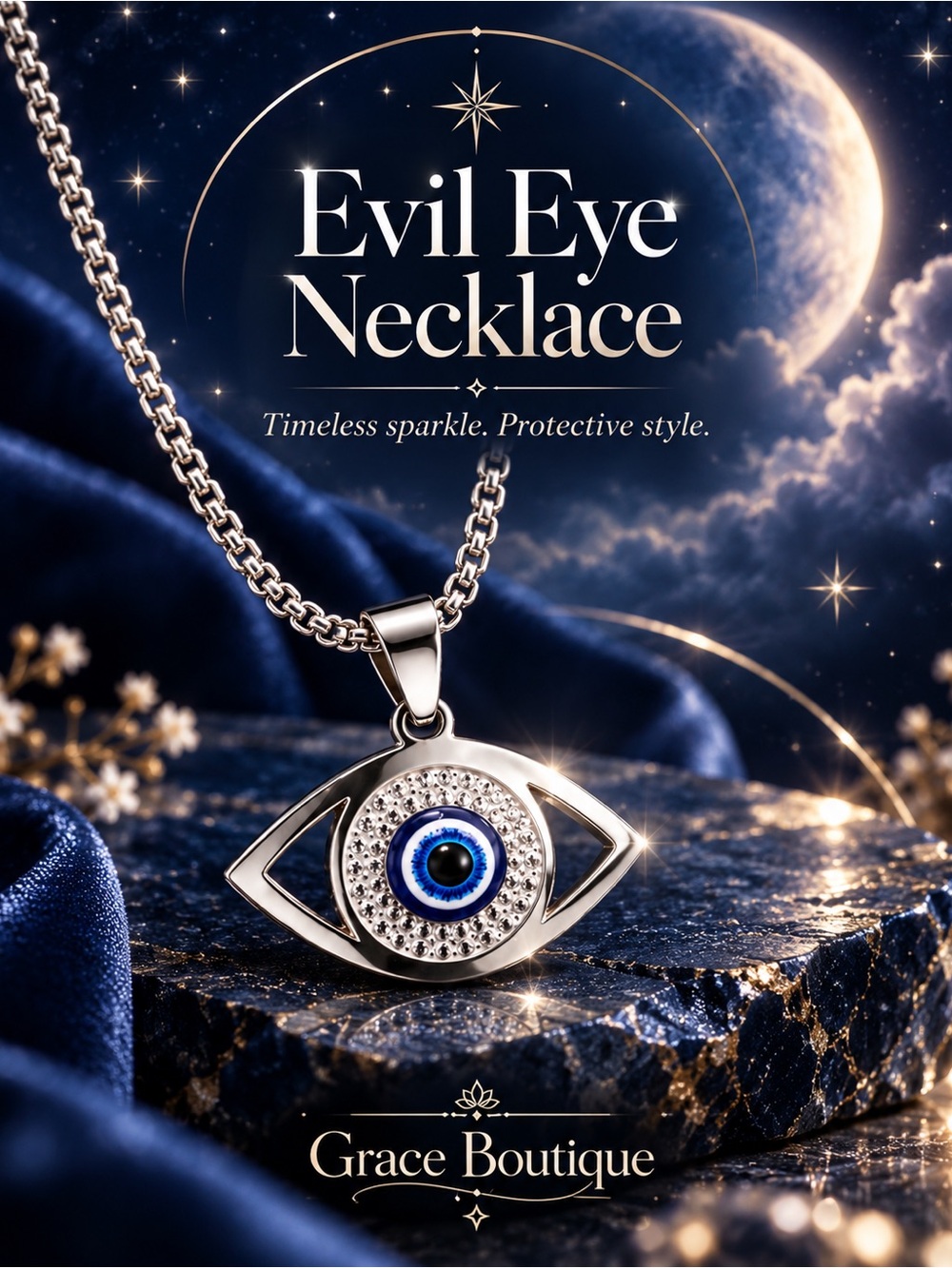 Silver Evil Eye Necklace with Blue Accent